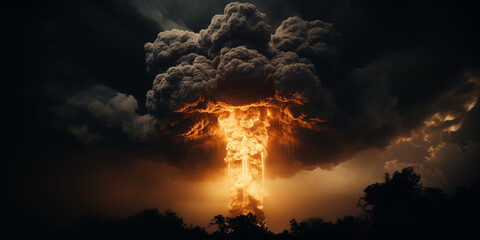 Nuclear bomb explosion and dark clouds in the night