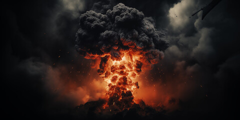 Nuclear bomb explosion on dark black backround - obrazy, fototapety, plakaty