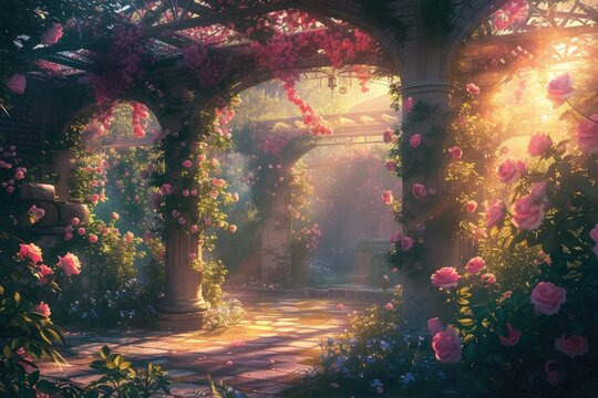 Enchanting view of a garden brimming with blossoming roses under the warm sunlight.