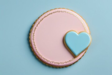 Pastel Pink Circle Cookie with Blue Heart Accent on Blue Background"