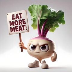 3D realistic image of angry vegetables conveying the message 'Say no to meat' in an ironical way. - obrazy, fototapety, plakaty