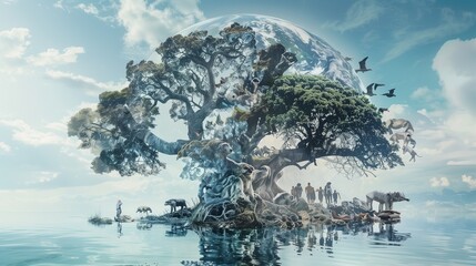 Sustainable Harmony: Earth Day's Visual Anthem, showcases a double exposure effect combining the planet's oceans, exotic animals, people from diverse cultures, and ancient trees.