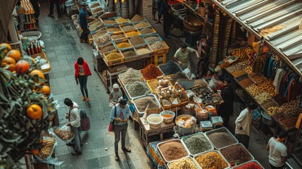 Aerial view of spice market stalls with colorful displays. Urban lifestyle and trade concept - obrazy, fototapety, plakaty