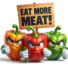 3D realistic image of angry vegetables conveying the message 'Say no to meat' in an ironical way. - obrazy, fototapety, plakaty