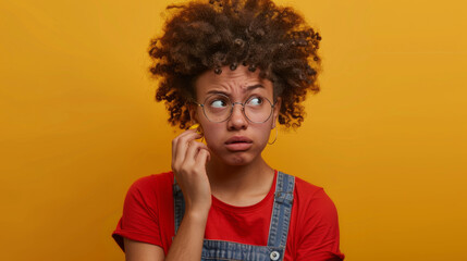 person with curly hair and round glasses wearing a red shirt and blue overalls, biting their fingernail, and making a worried or anxious facial expression against a yellow background. - obrazy, fototapety, plakaty