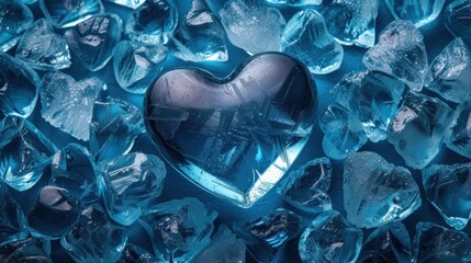 Close up of Blue Ice in the Shape of Heart Surrounded by Ice Cubes Crystals Detail Texture. Top View, From Above Frozen Shiny Background. Love and Romance Concept Design Backdrop. Valentine Wallpaper 