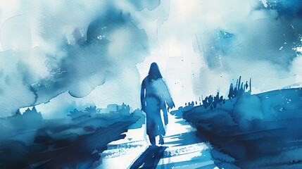 Watercolor Illustration of Jesus Christ Walking Alone. - obrazy, fototapety, plakaty