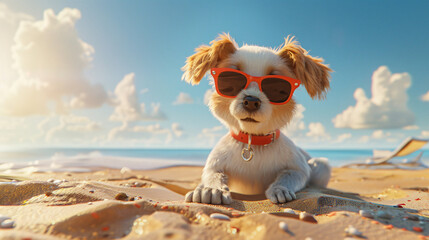 3d Cute Summer Dog on the Beach - obrazy, fototapety, plakaty