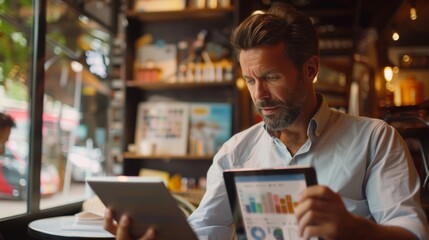 Man using a tablet in a cafe with financial graphs on screen. Business and finance concept. Casual professional working remotely.