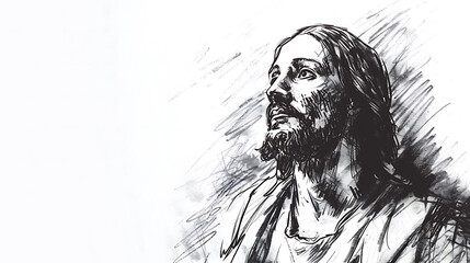 Sketch illustration of Jesus Christ against a white background, with space for text.