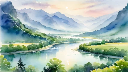 Küchenrückwand glas motiv watercolor river winding through lush greenery in the foreground of the landscape © Creative Mind 