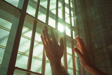 Prisoner holding their hands to the light behind bars in a jail cell