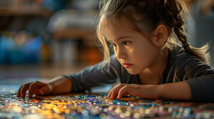 Young girl and puzzle, generative ai - obrazy, fototapety, plakaty