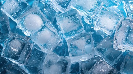 Close up of Crystals Ice Cubes Detail Texture Background. Top View, From Above Refreshing Frozen Water Concept. Icy Blue White Backdrop