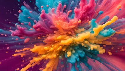 A vivid rainbow explosion of colorful liquid on a purple background