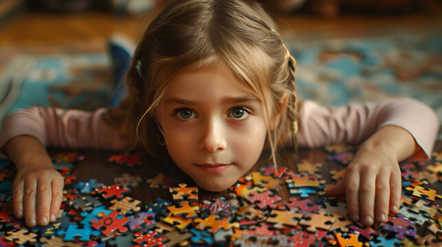 Young girl and puzzle, generative ai