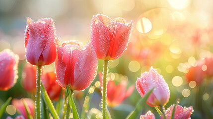 Pink tulips covered with dew, illuminated by the morning sun. © Tanuha