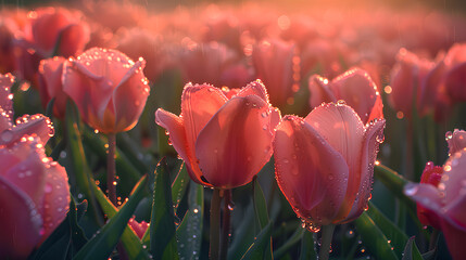 Pink tulips covered with dew, illuminated by the morning sun. © Tanuha