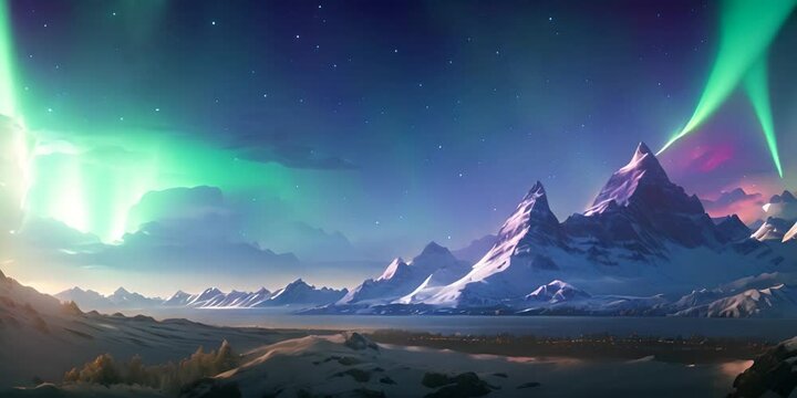 A breathtaking digital representation of the northern lights dancing over a rugged snowy mountain landscape 4K Video