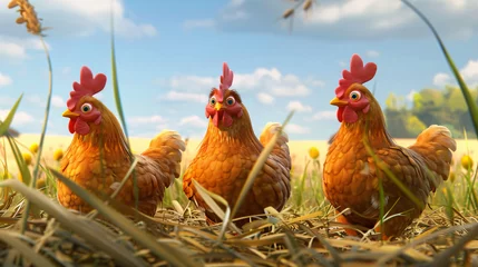 Fotobehang 3d Three Cartoons Chickens on a Farm © Tariq