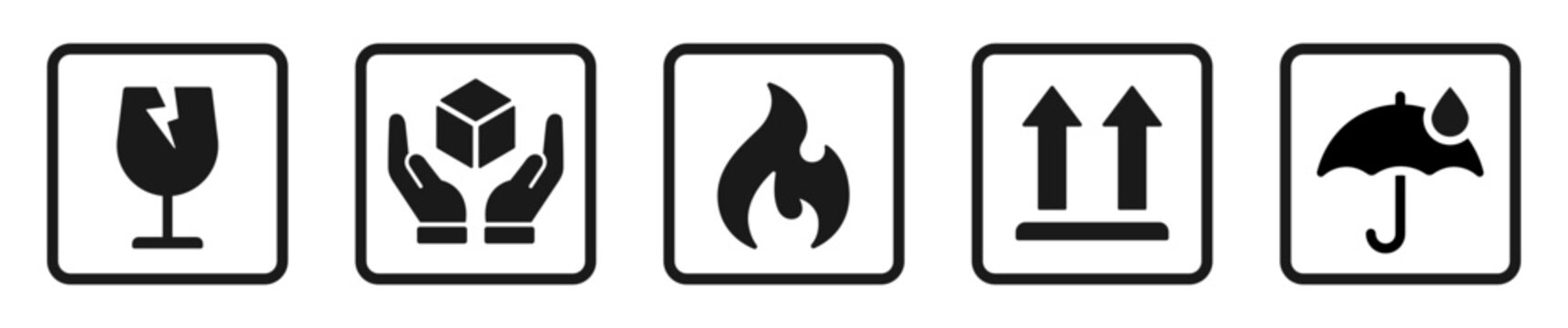 Packing symbol set. Fragile, handle with care, flammable, upward, keep dry simple signs - stock vector.