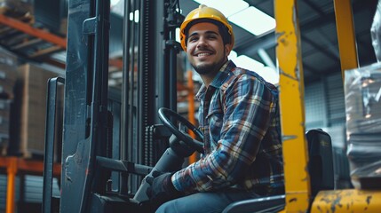 Young forklift driver sitting in vehicle in warehouse smiling looking at camera, AI Generative