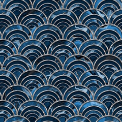Blue stone seamless pattern. Abstract painting. Decorative marble effect and silver waves - 755876353