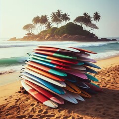 A collection of diverse-colored surfboards neatly stacked on the sandy shores of Weligama beach in Sri Lanka, where surfing is accessible throughout the year for both beginners