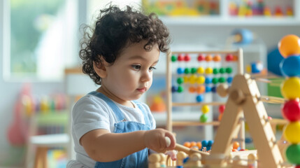 young child is thoughtfully engaged with an abacus, suggesting a learning or play environment.