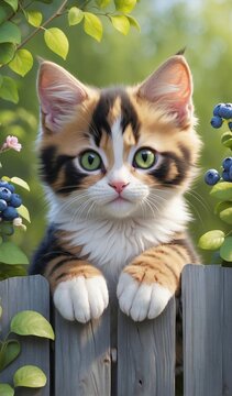 *A very cute photorealistic and detailed 3d colorful calico kitten sitting on the fence, with blueberries and birds, creating a beautiful picture. The wooden fence is covered with green vines and flow