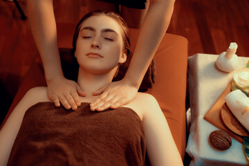 Top view woman customer enjoying relaxing anti-stress spa massage and pampering with beauty skin...
