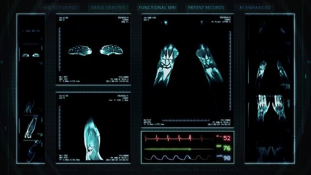 Futuristic Technological Interface Analyzing Human Anatomy. 
Medical Profile of Patient Showing Several Views of Hand and Arm MRI Scan. Vital Signs and Several Healthcare Information 3D Model.