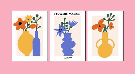 Vector illustration set of colorful botanical posters with different flowers. Naive groovy funky arts for for postcards, wall art, banner, background