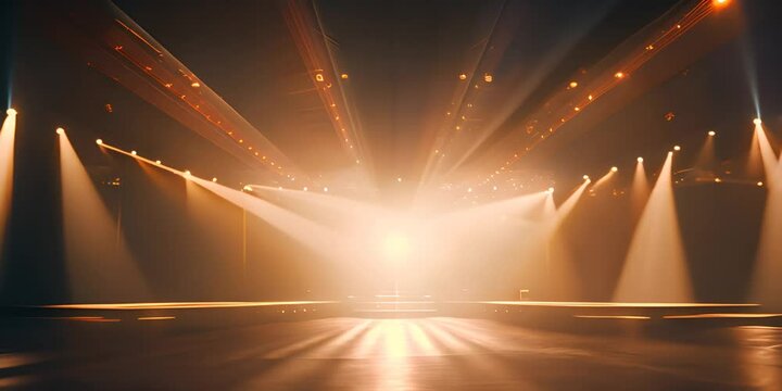 Event stage light background with spotlight illuminated stage for performance show. Empty stage with warm ambiance colors backdrop decoration. Stage lighting design. 4K Video