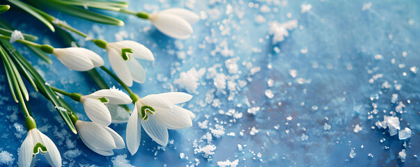 Top view of spring snowdrops in snow on blue background with copy space. Flat lay banner with first white flowers. The Day of Snowdrop concept. Floral template of fresh nature for greeting card poster - obrazy, fototapety, plakaty