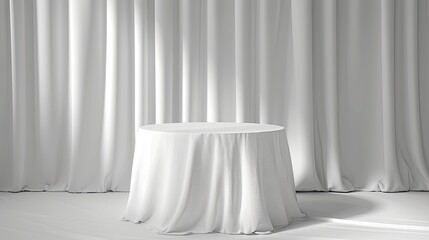 Cylinder podium covered with white cloth on background. Premium empty fabric pedestal for product display - generative ai