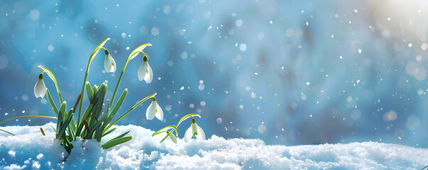 Spring snowdrops in the snow in meadow. Banner with first white flowers under snowfall with copy space. The Day of Snowdrop concept. Close up floral background of fresh nature for greeting card.