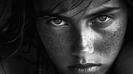 Fototapeta premium A powerful black and white portrait capturing the intense gaze and detailed features of a young woman's face.