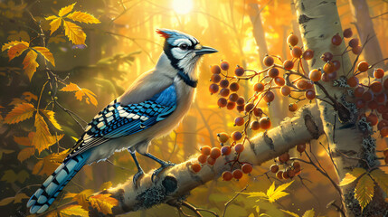A blue jay collecting berries in a sun dappled - obrazy, fototapety, plakaty
