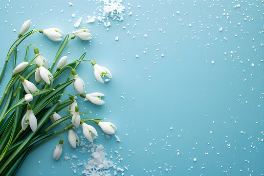 Top view of&nbsp;spring snowdrops in snow on blue background with copy space. Flat lay banner with first white flowers. The Day of Snowdrop concept. Floral template of fresh nature for greeting card poster