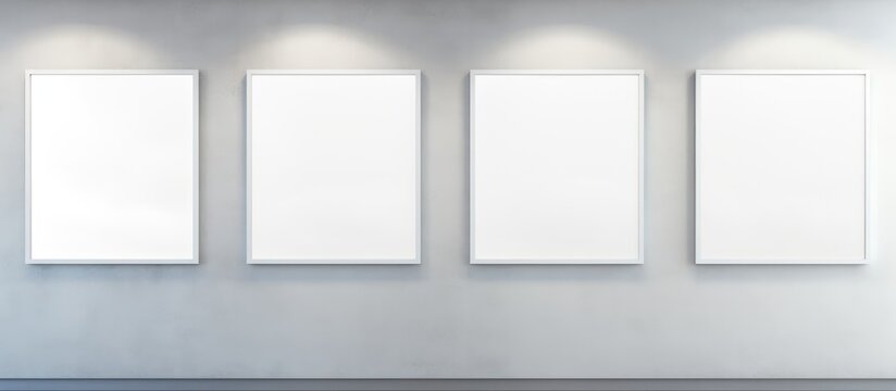 Four blank rectangular canvases are displayed on a white wall fixture. The event space features a minimalist design with tints and shades of white, creating an art gallery ambiance