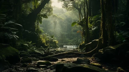 Foto op Plexiglas Green jungle cinematic scene with waterfall © Atthawut