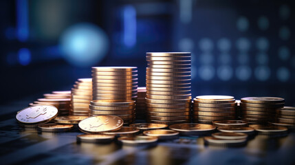 Financial growth with stacks of coins in the foreground and a blurred graph indicating stock market trends in the background.