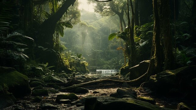 Green jungle cinematic scene with waterfall