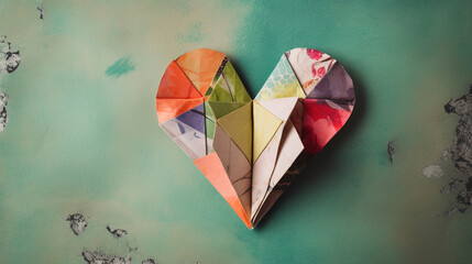 origami heart with vintage paper on a colorful background сreated with Generative Ai