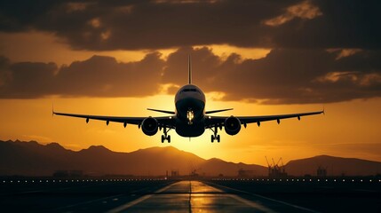 Sunset airplane take off boeing golden time - obrazy, fototapety, plakaty