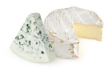 Camembert cheese and blue cheese isolated on a white background