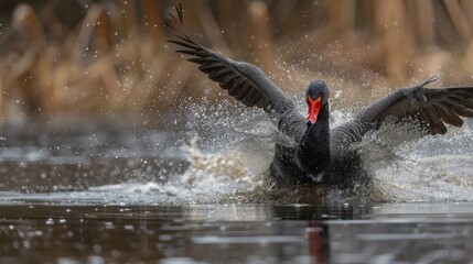 A majestic black swan with outstretched wings creates a splash in a serene pond.