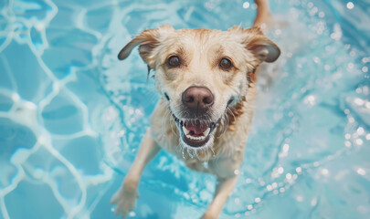 A dog jumps into a clear blue pool, creating a splash. Joyful games in the pool.
