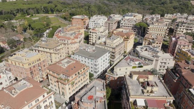 Aerial view of houses and buildings in the Parioli district in Rome, Italy. Located in the city center, it is one of the most valuable neighborhoods in the Italian capital.